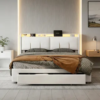 DULRLLY Polsterbett 160x200 mit Hydraulischem Stauraum und Schubladen Doppelbett mit Stauraum Kopfteil Stauraumbett mit LED-Licht & USB-Buchse,Bettgestell Bett mit Lattenrost, Ohne Matratze,Weiß