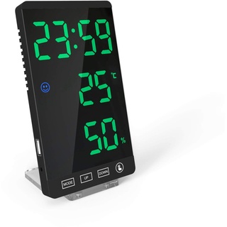 DollaTek Smart Mirror LED-Uhr Dekoratives Telefonladegerät Wecker 4-stufige Helligkeits-Digitaluhr mit Wettertemperaturanzeige - Schwarze Schale und grüne Digitalanzeige