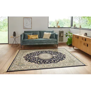 HANSE HOME Nouristan Naveh Orient Teppich – Wohnzimmerteppich Orientalisch mit Fransen Vintage Orientalischer Samt-Teppich für Esszimmer, Wohnzimmer, Schlafzimmer – Dunkelblau Creme, 135x195cm