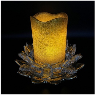 Online-Fuchs Kerzenständer als Lotusblüte aus Glas mit LED Kerze inkl. Timer GOLD 543, Maße: 8 x 17 cm Kerze: 10 x 7,5 cm Glitzerkerze inkl. 6 Stunden Timer weiß