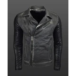 Lässige Herren Biker-Jacke Washed Design mit Kunstleder Ärmeln Slim Fit Übergangs-Jacke 8837 Schwarz - S