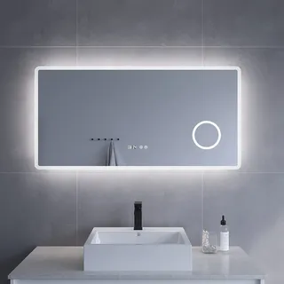 AQUABATOS Badezimmerspiegel mit Licht Schminkspiegel Uhrzeit 120x60 cm Badspiegel mit LED Beleuchtung Antibeschlag Licht Spiegel Wandspiegel für Wandschalter Touch Sensor Dimmbar Kaltweiß