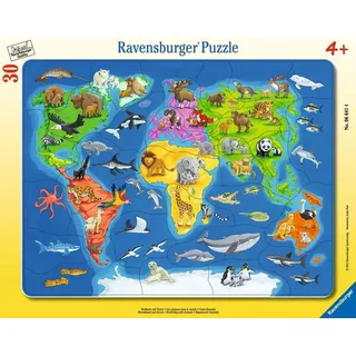 Ravensburger Puzzle Weltkarte mit Tieren - 30 Teile Puzzle ab 4 Jahre | 30 Teile Rahmenpuzzle, Kinderpuzzle ab 4 Jahre, Ravensburger Qualität