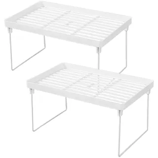 Fhioevt 2er-Set Kleines Regal Desktop Organizer Standregal Stapelregal Regaleinsatz Kunststoff mit Klappbar Metallbeinen Gewürzregal für Büro Bad Küche Aufbewahrungsregale Organisation Regal Weiß