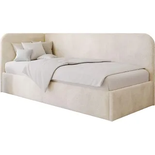 Moebelpaket Bett 90x200 cm, Polsterbett mit Stauraum und Gasdruckfedern, Modern Einzelbett, Kollektion Mario, Linke Ausführung, - Beige
