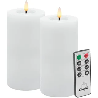 Candela LED Kerzen 2er Set H:15xØ7,5cm Winter weiß glatt Echtwachs mit Fernbedienung Timer Funktion & mehrstufig dimmbar flammenlos Echtwachskerzen Stumpenkerze