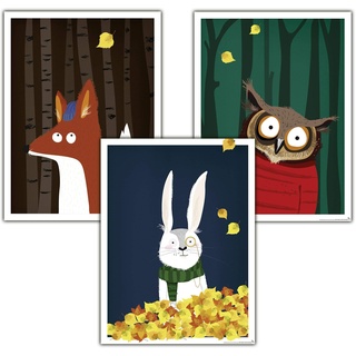 Close Up Kinderzimmer Poster Wald, 3er-Set (30 x 40 cm | 11,8x15,7") Babyzimmer Deko Bilder, Tiere Kunstdruck - Fuchs, Hase & Eule