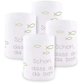 Windlicht Fisch Deko, 8 Stück Mini Tischlichter Kerzen Deko als Tischdeko für Junge und Mädchen Kommunion Konfirmation Taufe Teelichter I Schön DASS du da bist I ca. 8,0 x 10,0 cm (Grün)