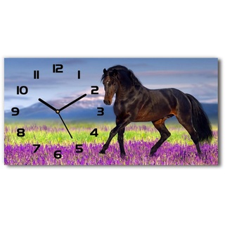 Tulup Wanduhr aus Glas 60x30 cm Glas Uhr Bild Glasuhr Gehärtetes Glas Küchenuhren - Schwarze Zeiger - Pferd auf dem Lavendelfeld