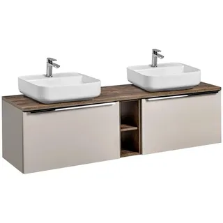 Lomadox Badezimmermöbel Doppel Waschtisch Unterschrank Set 180cm, Taupe mit Vintage Oak Eiche, 2 Keramik Aufsatz-Waschbecken, Softclose-Schubkästen, Regal
