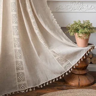Sutuo Home Boho-Vorhang, halbverdunkelnd, gehäkelte Spitze, Patchwork mit Strukturiertem Leinengewege, handgefertigte Quasten, Stangendurchzug, Boho-Fenstervorhänge für Wohnzimmer, Schlafzimmer, 1