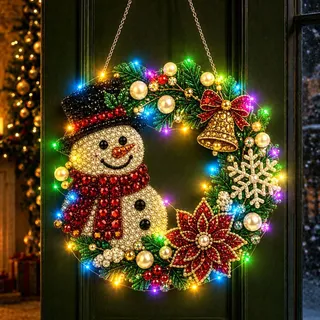 Diamond Painting Weihnachten mit LED Lichterkette,25cm Türkranz Weihnachten, Weihnachtsgirlande mit Beleuchtung, DIY-Acryl-Diamond Painting Anhänger für Weihnachtskranz(E)