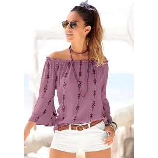 LASCANA Carmenbluse mit Ethnodruck aus gewebter Viskose schulterfreie Damenbluse, Volantbluse, Blusenshirt mit 3/4-Ärmeln lila 50