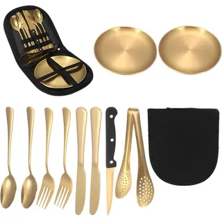 Forrlite Besteck-Set Besteck Set für 2 Personen, 10 teiliges Camping Geschirr Set, Tafelmesser, Essenslöffel, Teegabeln, Aufbewahrungsbeuteln goldfarben