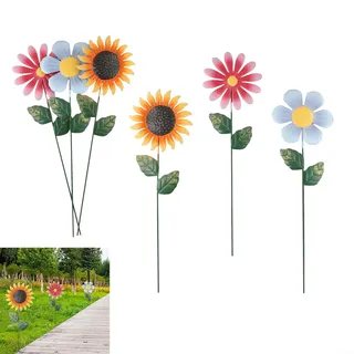 Sonnenblumen-Gartenstecker, 48cm Metall Gänseblümchen Gartenstecker, Gänseblümchen Gartenpfähle, Bunte Blumenstecker Dekorative Gartenpfähle Für Garten Rasen Hof Outdoor Dekoration(6 Stück)