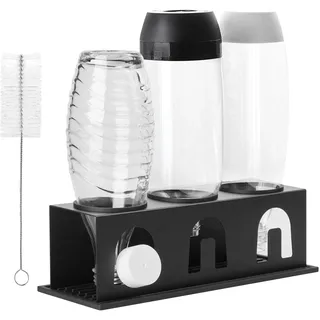 ACTIV Cuisine Flaschenhalter für Sodastream Duo Crystal Flaschen, 3er Edelstahl Abtropfhalter Abtropfgestell platzsparend, Breite 11cm, mit Abtropfmatte, Deckelhalter, Flaschenbürste, Schwarz