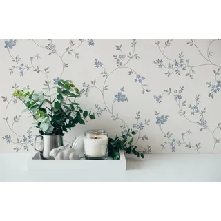 A.S. Création Vliestapete Landhaus Blumen Ranken Blätter Weiß Blau Grau 39071-3 Maison Charme