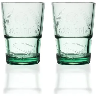 2 Stück Original Bacardi Rum Kunststoff Gläser Longdrinkglas Cocktailgläser in grün mit Bacardi Schriftzug und Palmmotiv