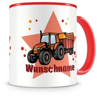 Samunshi® Kindertasse mit Namen Tasse Traktor Anhänger Personalisierte Tasse mit Namen Kinder Kinderbecher personalisierter Text Namenstasse Kindergarten rot 300ml