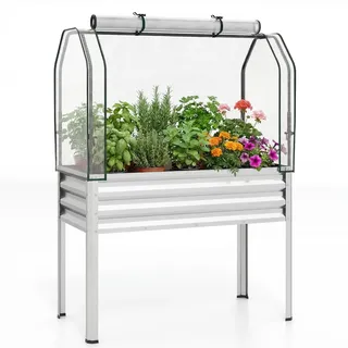 COSTWAY 3 in 1 Hochbeet mit PE-Abdeckung, erhöhtes Gartenbeet aus verzinktem Metall, Gewächshaus mit rollbarer Tür, Pflanzbeet Kräuterbeet für Garten Balkon Terrasse, 112 x 55 x 152 cm (Silber)
