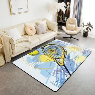 Homemissing Tennis Teppich 100x150cm Graffiti Druck Outdoor Teppich für Kinder Jungen Mädchen Sport Thema Wohnzimmerteppich Blau Gelb Küchenteppich