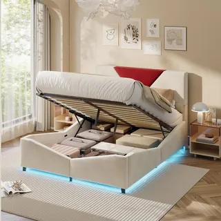 Polsterbett 140x200 mit Stauraum Samt Doppelbett mit LED System Hydraulischer Bettkasten Gepolstertes Kopfteil Creme Bettgestell mit Lattenrost - Creme