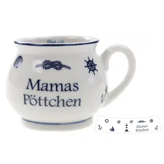 Generisch Maritimer Kaffeebecher Mamas Pöttchen, Keramik, 4,5 cm Höhe, Weiß-Blau mit Nautischen Motiven