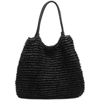 Strandtasche Strohtasche Damen, Boho Umhängetasche Tote Bag, Elegante Handtasche Damen groß Shopper Tasche Geflochtene Taschen Korbtasche für Urlaub Reisen Strand Sommer (Schwarz,45 x 10 x 40 CM) - 45 x 10 x 40 CM