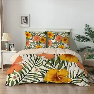 Qiwagu Bettwäsche 135x200 Hell-Pink, Orangene Blume Bettwäsche-Sets aus Weiche Atmungsaktiv Microfaser, Bügelfrei Wendebettwäsche Bettbezug 135 x 200 und Kissenbezug 80x80 cm für Einzelbett