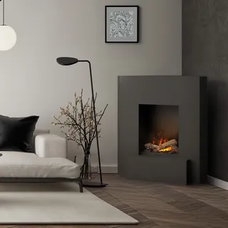 muenkel design Nook [Elektrokamin, Opti-myst, Raumecke]: Schwarz-grau - Dekoholz ohne Stehrost - Schwarz, pulverbeschichtet
