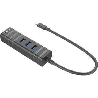 Lindy 43249 USB-Hub 3 Port USB-A, RJ45 USB 3.1 Gen1 5 GBit/s mit eingebautem Netzwerk-Anschluss Schwarz LINDY USB 3.1 Hub und GB Ethernet Adapt.