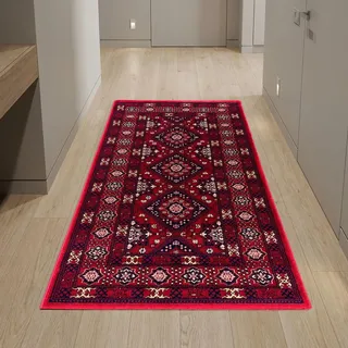 Teppich Rot mit geometrischen Medaillons und mehrteiliger Bordüre Größe - 80 x 150 cm - Dunkelrot/Rot