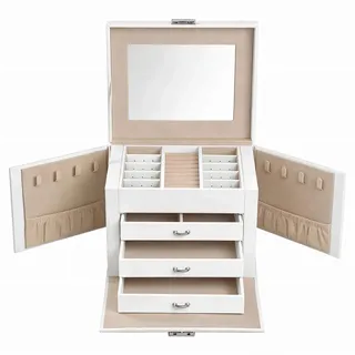 Boxxx Schmuckkästchen, Weiß, Beige, Textil, Leder, Holzwerkstoff, Lederlook, 22.5x16.5x17.5 cm, Ringhalter, Kosmetikspiegel, Schubladen herausnehmbar, verschließbar, Ordnen & Aufbewahren, Schmuckaufbewahrung