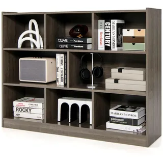 Costway Bücherregal mit 8 Fächern, Standregal, Aufbewahrungregal für Wohnzimmer, Schlafzimmer, Arbeitszimmer, Büro, grau, 122 x 32 x 93 cm
