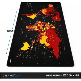 Titanwolf Gaming Mauspad, XXXL Speed Mausmatte 1200 x 600 mm, Geschwindigkeit & Präzision, Weltkarte rot (3XL), Mausmatte, Schwarz