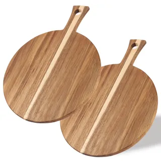 LDXDRU 2 Stück 40 cm Pizzabrett Holz, Rund Pizzateller Holz Pizza Teller Gross Schneidebrett mit Griff Hause Pizza-Plate für Pizza, Foccacia oder Brot 40x30x1.5cm