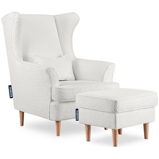 Konsimo Ohrensessel STRALIS Sessel mit Hocker, zeitloses Design, hohe Füße, inklusive dekorativem Kissen weiß