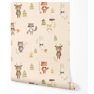 Vliestapete Premium Waldtiere Hirsch Fuchs Bär Hase Waschbär Bäume Lagerfeuer Muster Pastell Beige Niedlich Kinderzimmer Schlafzimmer Flur Tapet...