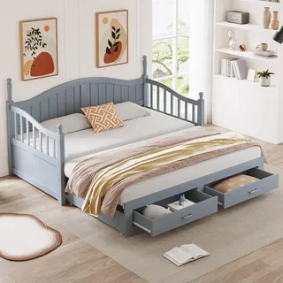 Ausziehbares Schlafsofa Aus Massivholz 90/180*190 cm, mit römischen Säulen, mit geschwungener Rückenlehne und Armlehnen, mit Schubladen und Lattenrost, Multifunktionsbett Aus Kiefernholz (Grau)