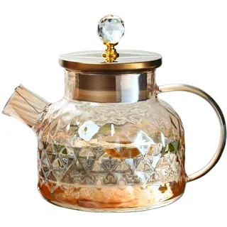 Teekanne aus Glas Glaskaraffe mit Edelstahl Deckel,Teekanne mit Siebeinsatz mit Herausnehmbarem,Ergonomischer Griff,für Schwarzen Tee,Früchtetee,Blumentee,Saft,Milch,Kaffee (1000ML)