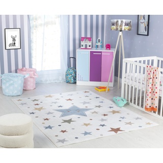 Surya Sterne Kinderteppich - Cartoon Teppich, Teppich Kinderzimmer oder Babyzimmer, Kinderzimmerteppich, Krabbelteppich oder Spielteppich - Baby Teppich für Jungen & Mädchen, Creme und Blau 160x213cm