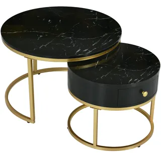 Merax Couchtisch Satztisch rund Beistelltisch mit Schublade (2-St), hochglanz Marmoroptik aus Holz mit goldenen Metallbeine, schwarz
