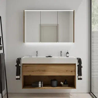 burgbad Devio Keramik-Waschtisch mit Unterschrank und LED-Spiegelschrank 120,5 cm, Doppeltür links, 1 Auszug, Badmöbel,