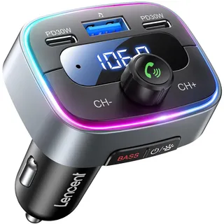 LENCENT Bluetooth 5.4 FM Transmitter Auto Bluetooth Adapter, 60 W PD 30 W | Dual-USB-C-Schnellladung, Auto Music Adapter, Freisprecheinrichtung , 7-farbige LED-Hintergrundbeleuchtung und USB-Stick