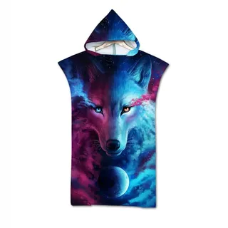 Surwin Surf Poncho Handtuch mit Kapuze, Wolf Drucken Badeponcho Damen Herren, Strand Poncho Kapuze Schnelltrocknend Strandtücher Mikrofaser Bademantel Schwimmen Badetuch (Planet,75x110cm)