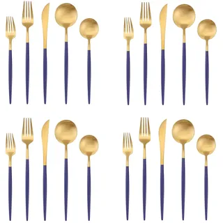 Bysta Besteck-Set mit blauem Griff, mattes Gold-Besteck-Set, 20-teilig, Küchenhelfer-Set, Service für 4 Personen, Besteck-Set für Zuhause und Restaurant, satiniert, spülmaschinenfest