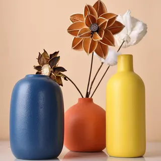 XMGZQ Vase Blau,Vasen Set of 3,Vase Gelb,Vase Orange,Kleine Vasen für Home Decor,Blumenvase Klein Rustikale Deko,Keramik Vase Boho Style,Skandinavische Deko Wohnzimmer,Tischvase,Wohnzimmer,Farmhouse