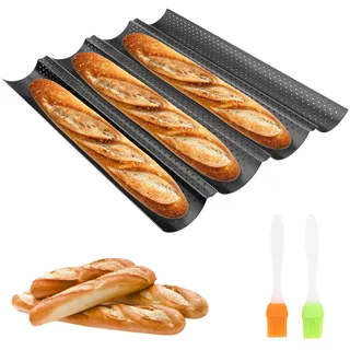 MXTIMWAN Baguette Backform, Backblech für Baguette Backform für 4 Baguettes, Baguetteform Baguette-Backblech mit Antihaftbeschichtung, BackformGelocht Baguetteblech Brötchen mit 4 Mulden