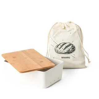 MiaMio Brotkasten mit Bambusdeckel, 32 x 20 x 11,5 cm, Weiß, Keramik, Deckel als Schneidebrett nutzbar weiß