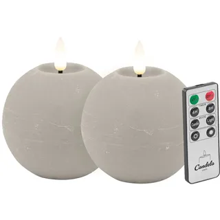 Candela Lights LED Kerzen 2er Set Ø8x7cm sand rustic Kugelkerze Echtwachs mit Fernbedienung & Timerfunktion Flammenlose flackernde LED-Kerze mehrstufig dimmbar